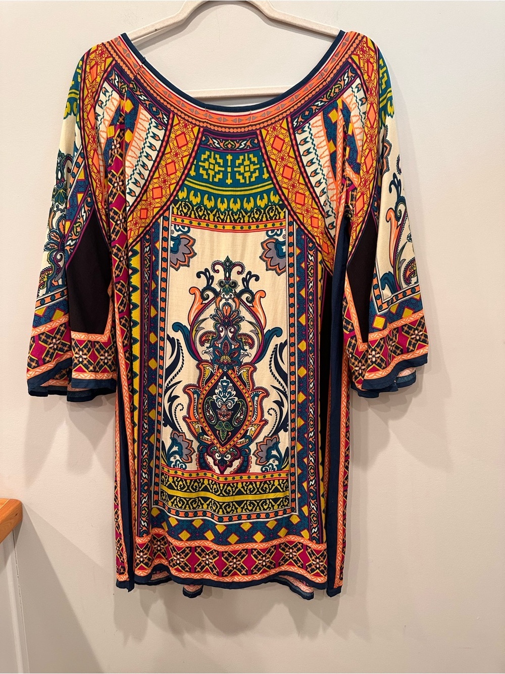 Boho Printed Scoop Neck Tunic Top - Mini Dress Multicolor Hippie Sz L - Picture 2 of 9